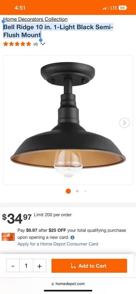 Home Decorators Bell Ridge 10 in. 1-Light Black Semi-Flush Mount