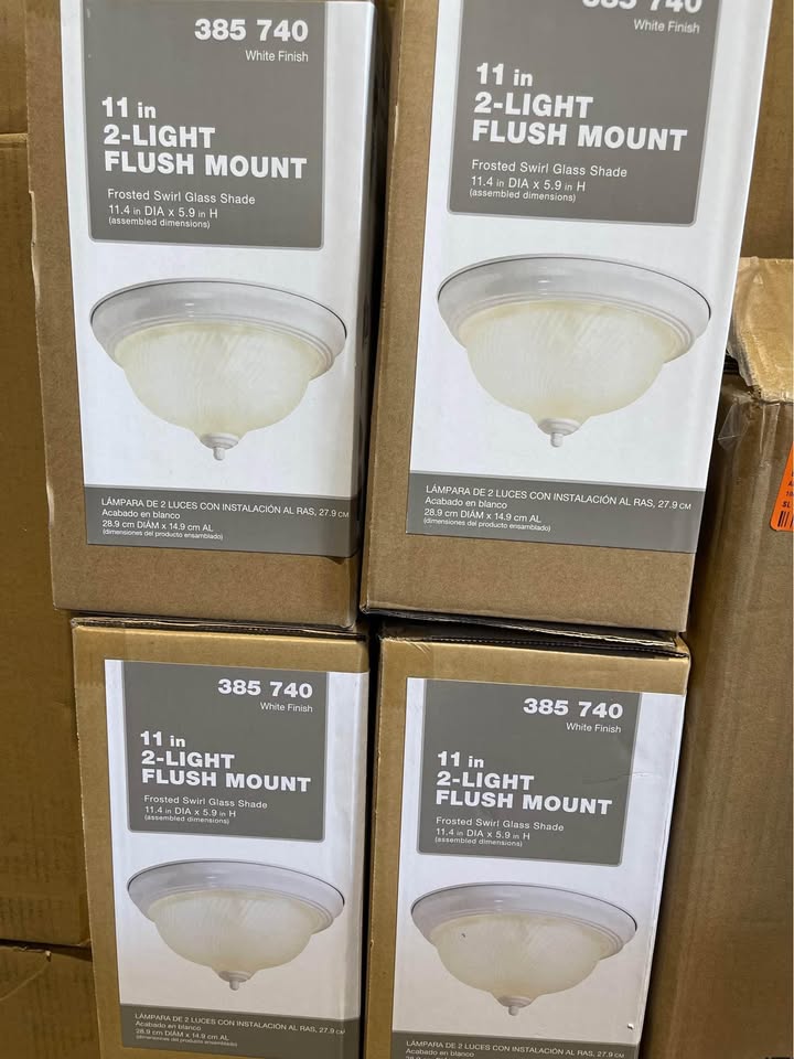 Brand New Hampton Bay 11 in. 2-Light White Flush Mount with Frosted Swirl Glass Shade Lights - Set of 4