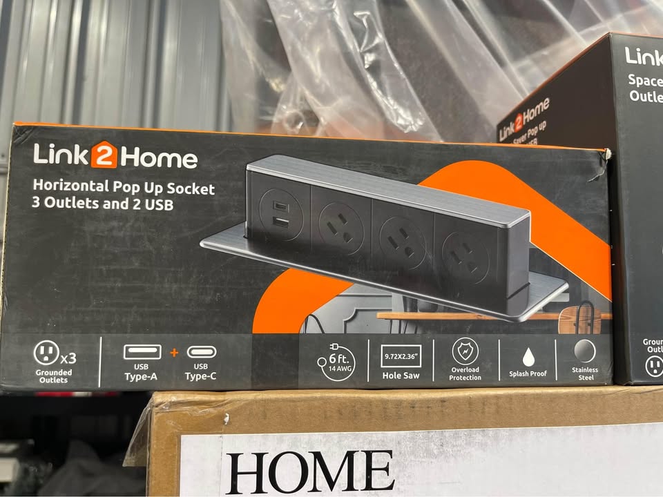 Link2Home 3-Outlets Space Saver Pop Up Socket, Receptacle Power Cover Box with USB, Type-C Fast Charge, Splash Resistant