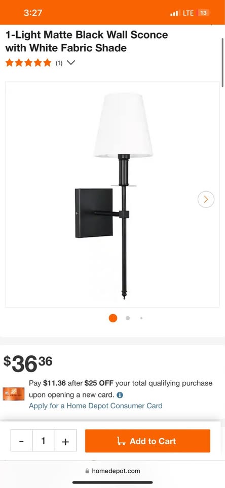1-Light Matte Black Wall Sconce with White Fabric Shade