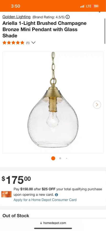 Golden Lighting Ariella 1-Light Brushed Champagne Bronze Mini Pendant with Glass Shade