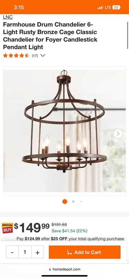 Brand New LNC Farmhouse Drum Chandelier 6-Light Rusty Bronze Cage Classic Chandelier for Foyer Candlestick Pendant Light