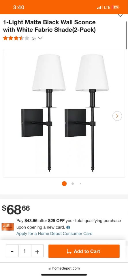 1-Light Matte Black Wall Sconce with White Fabric Shade(2-Pack)