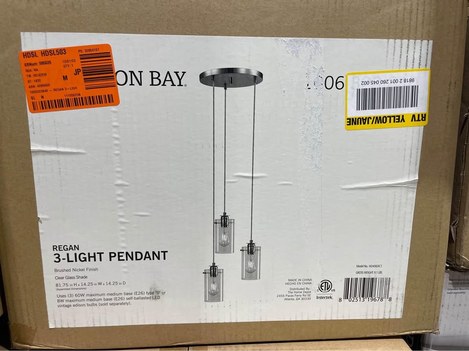 Hampton Bay Regan 3-Light Brushed Nickel Pendant Hanging Light with Clear Glass Shades, Industrial Kitchen Pendant Lighting