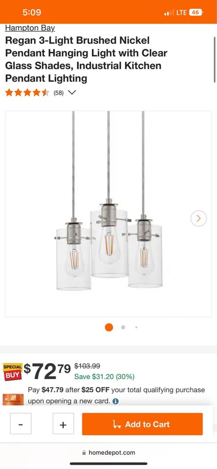 Hampton Bay Regan 3-Light Brushed Nickel Pendant Hanging Light with Clear Glass Shades, Industrial Kitchen Pendant Lighting