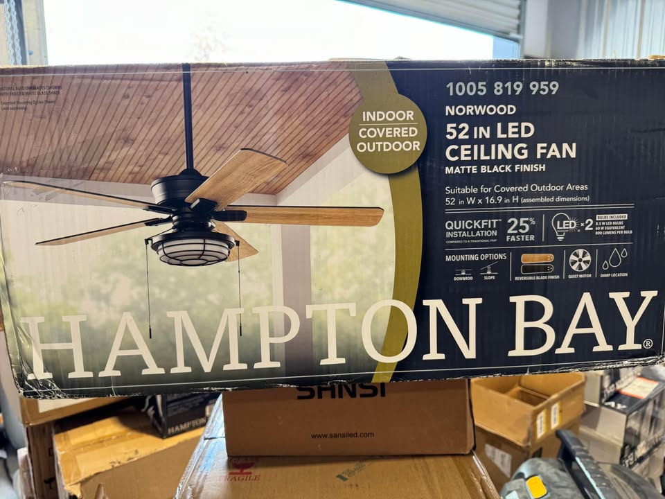 Hampton Bay Norwood 52 in. Indoor/Outdoor LED Matte Black Damp Rated Downrod Ceiling Fan with Light Kit and 5 Reversible Blades