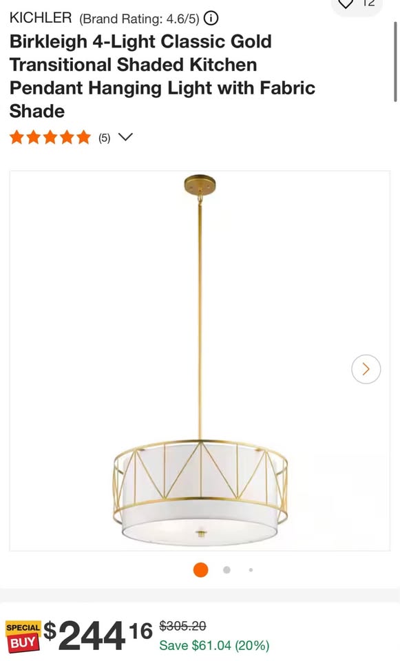 Kichler Birkleigh 4-Light Classic Gold Transitional Shaded Kitchen Pendant Hanging Light with Fabric Shade