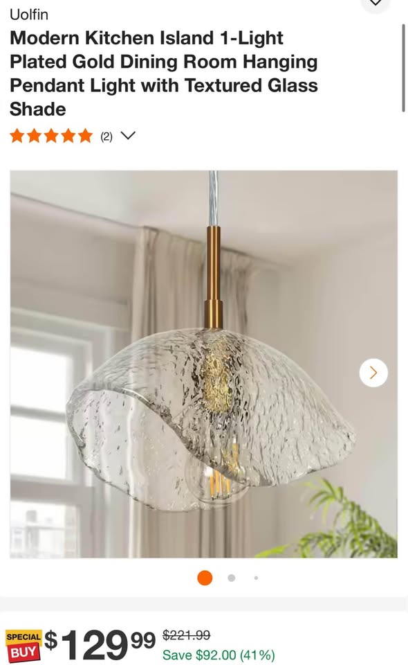 Uolfin Modern Kitchen Island 1-Light Plated Gold Dining Room Hanging Pendant Light with Textured Glass Shade