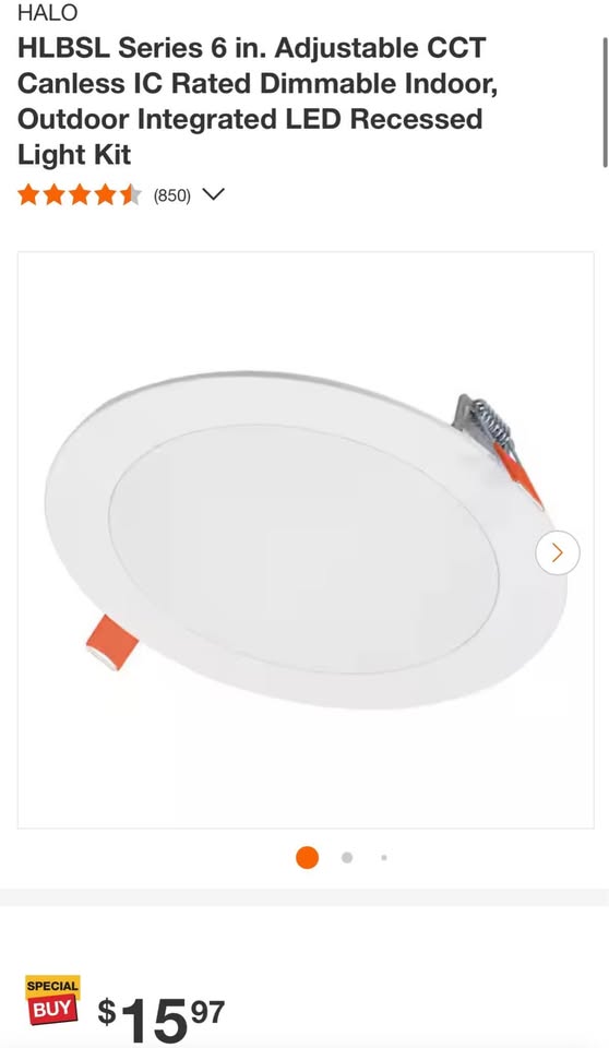HALO HLBSL Series 6 in. Adjustable CCT Canless IC Rated Dimmable Indoor, Outdoor Integrated LED Recessed Light Kit