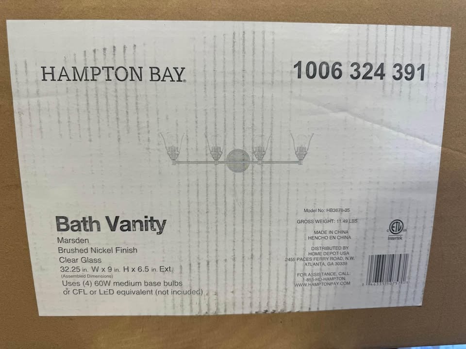Hampton Bay Marsden 32.5 in. 4-Light Brushed Nickel Transitional Vanity with Clear Glass Shades