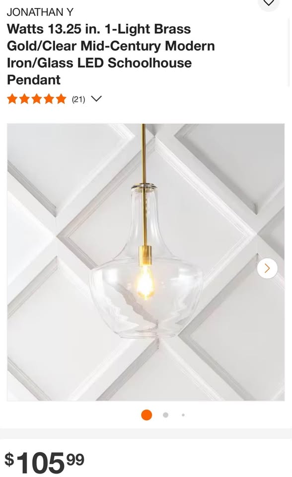 JONATHAN Y Watts 13.25 in. 1-Light Brass Gold/Clear Mid-Century Modern Iron/Glass LED Schoolhouse Pendant