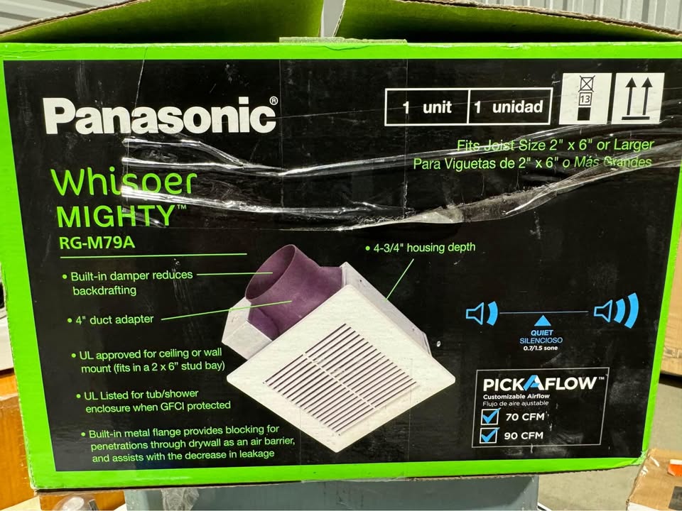 Panasonic Whisper Mighty Pick-A-Flow 70/90 CFM Ceiling/Wall Bathroom Exhaust Fan, Energy Star with 9 in. x 9 in. Grille Footprint