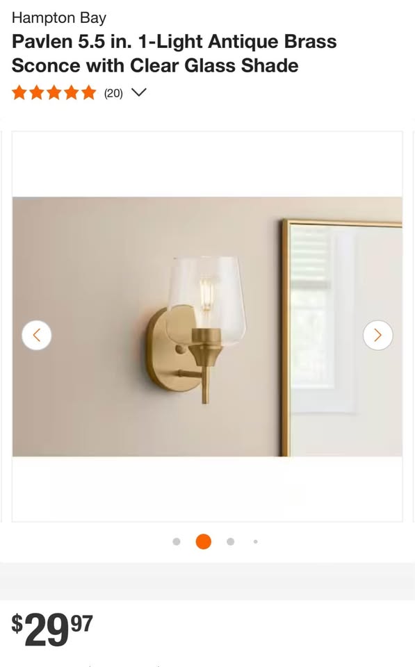 Hampton Bay Pavlen 5.5 in. 1-Light Antique Brass Sconce with Clear Glass Shade