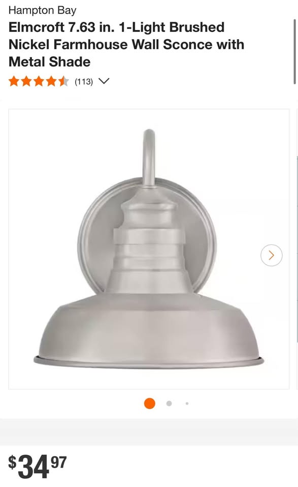 Hampton Bay Elmcroft 7.63 in. 1-Light Brushed Nickel Farmhouse Wall Sconce with Metal Shade