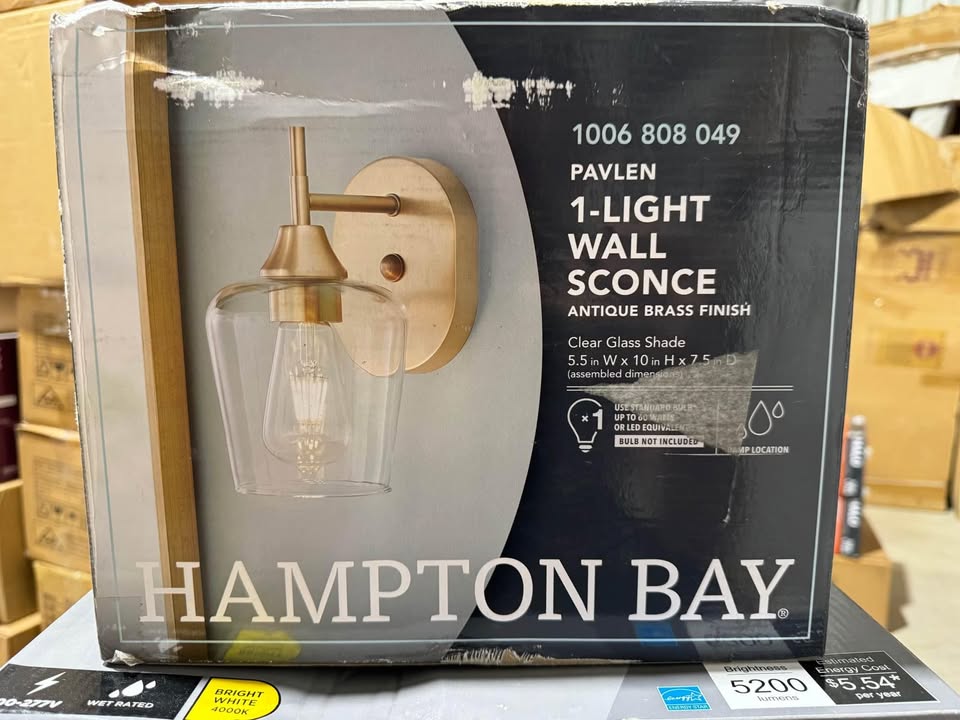 Hampton Bay Pavlen 5.5 in. 1-Light Antique Brass Sconce with Clear Glass Shade