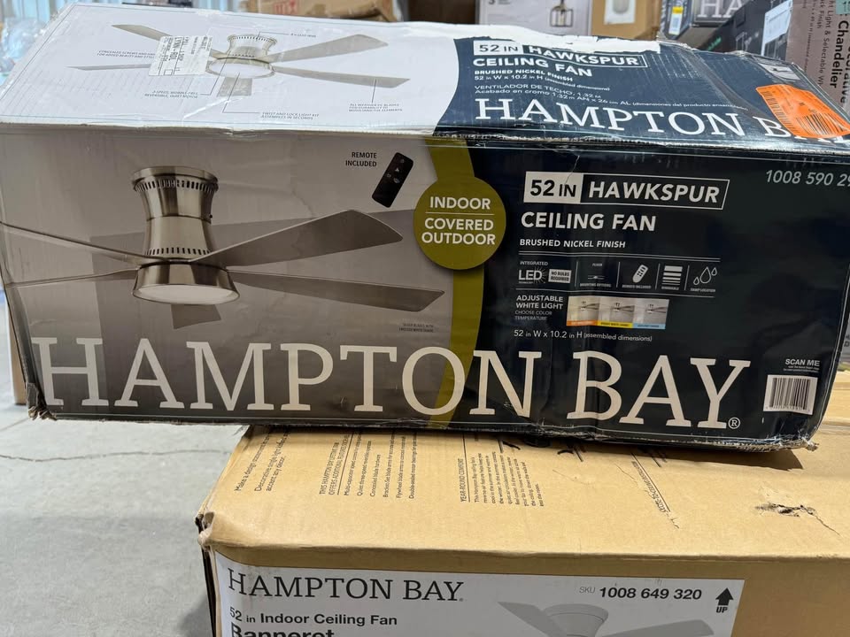 Hampton Bay Hawkspur 52 in. Indoor/Outdoor Brushed Nickel Low Profile Ceiling Fan with Adjustable White LED with Remote Included