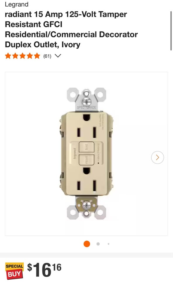 Legrand radiant 15 Amp 125-Volt Tamper Resistant GFCI Residential/Commercial Decorator Duplex Outlet, Ivory