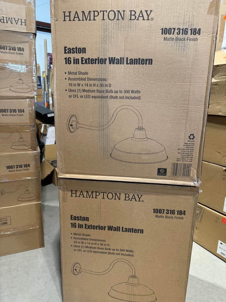 Hampton Bay Easton 16 in. 1-Light Matte Black Barn Outdoor Wall Light Lantern Sconce with Steel Shade