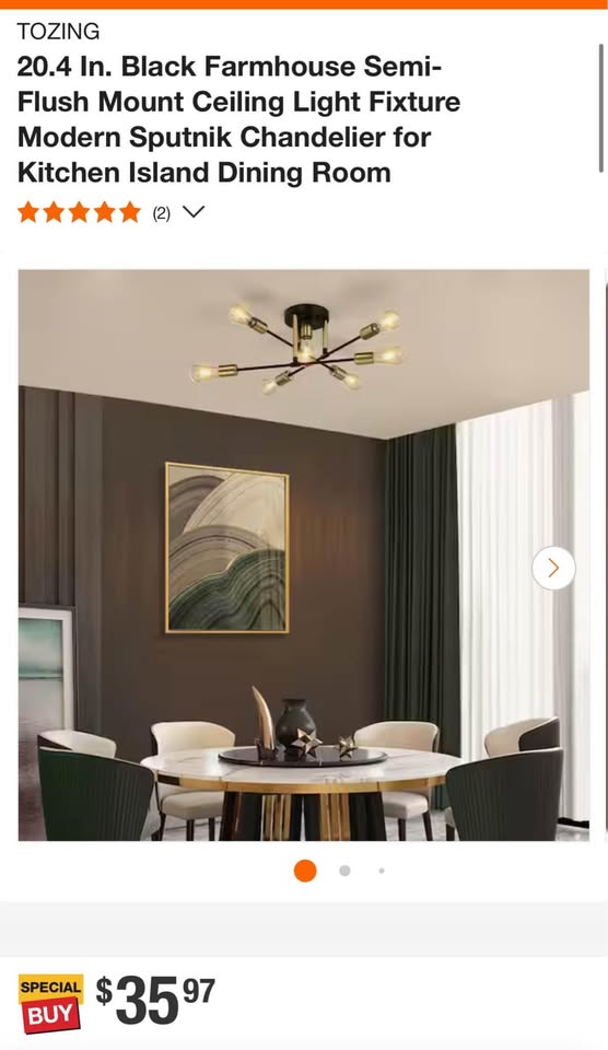 TOZING 20.4 In. Black Farmhouse Semi-Flush Mount Ceiling Light Fixture Modern Sputnik Chandelier for Kitchen Island Dining Room