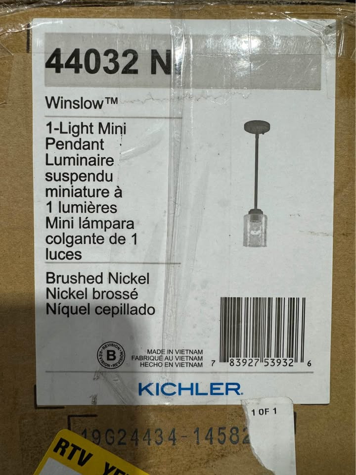 KICHLER Winslow 1-Light Brushed Nickel Contemporary Kitchen Mini Pendant Hanging Light with Clear Seeded Glass