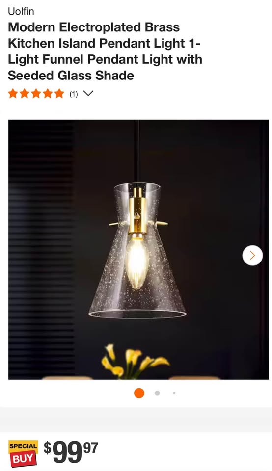 Uolfin Modern Electroplated Brass Kitchen Island Pendant Light 1-Light Funnel Pendant Light with Seeded Glass Shade