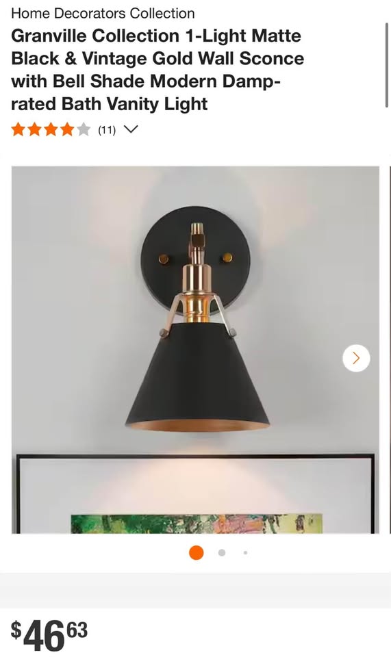 Granville Collection 1-Light Matte Black & Vintage Gold Wall Sconce with Bell Shade Modern Damp-rated Bath Vanity Light