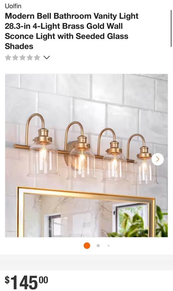 Uolfin Modern Bell Bathroom Vanity Light 28.3-in 4-Light Brass Gold Wall Sconce Light with Seeded Glass Shades