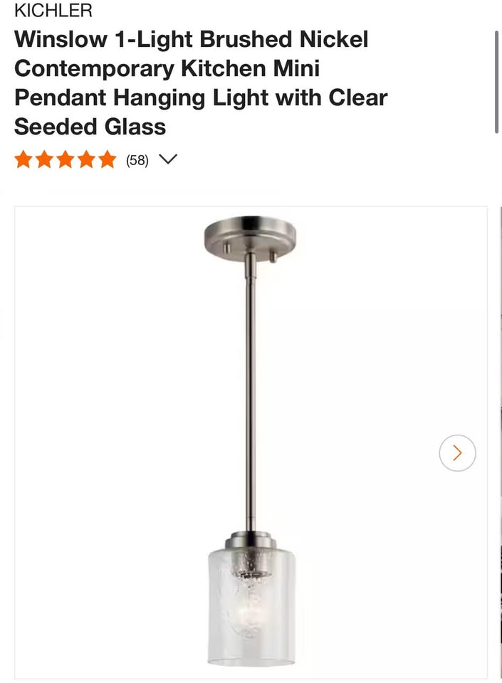 KICHLER Winslow 1-Light Brushed Nickel Contemporary Kitchen Mini Pendant Hanging Light with Clear Seeded Glass