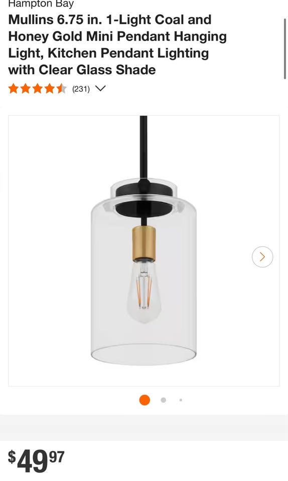 Hampton Bay Mullins 6.75 in. 1-Light Coal and Honey Gold Mini Pendant Hanging Light, Kitchen Pendant Lighting with Clear Glass Shade