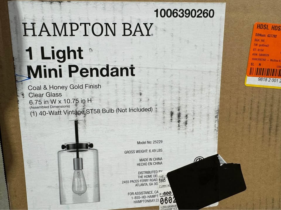 Hampton Bay Mullins 6.75 in. 1-Light Coal and Honey Gold Mini Pendant Hanging Light, Kitchen Pendant Lighting with Clear Glass Shade