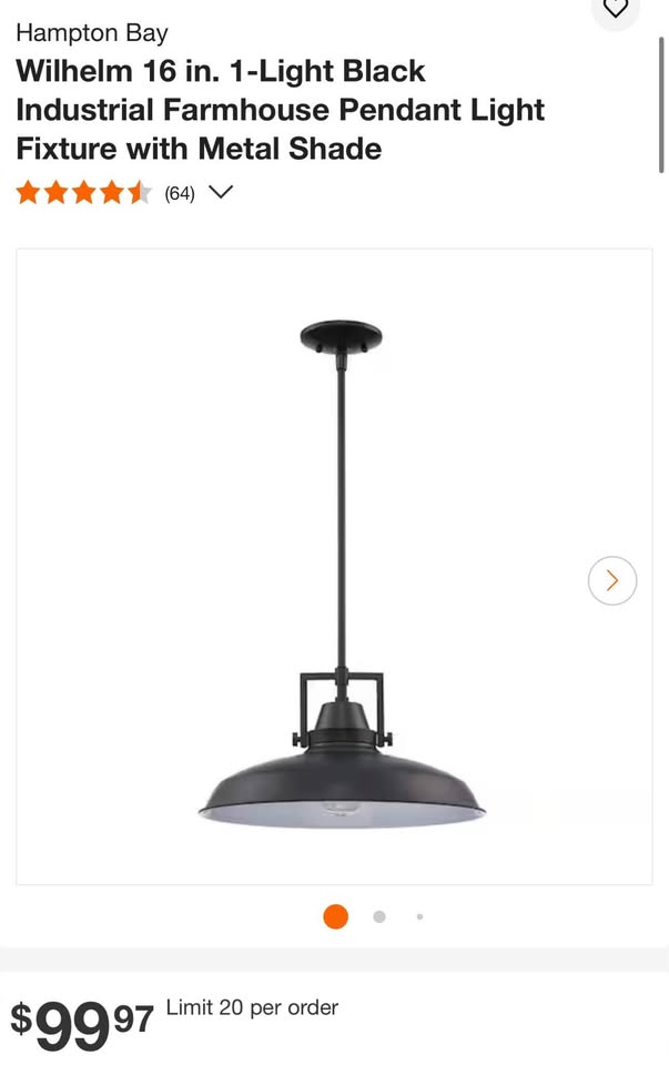Hampton Bay Wilhelm 16 in. 1-Light Black Industrial Farmhouse Pendant Light Fixture with Metal Shade