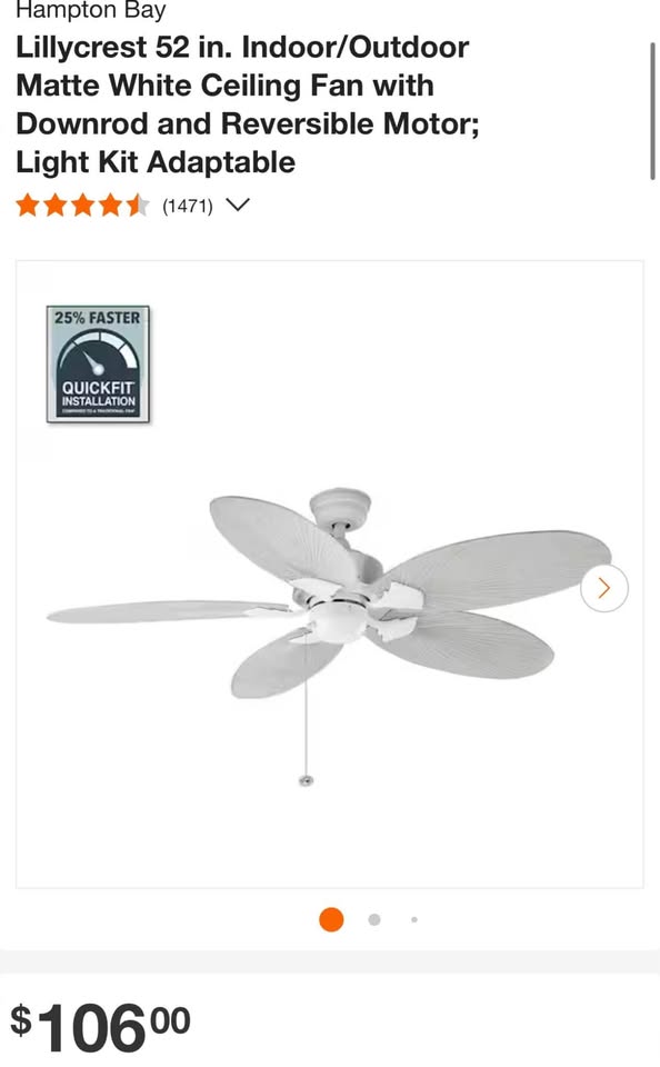 Hampton Bay Lillycrest 52 in. Indoor/Outdoor Matte White Ceiling Fan with Downrod and Reversible Motor; Light Kit Adaptable
