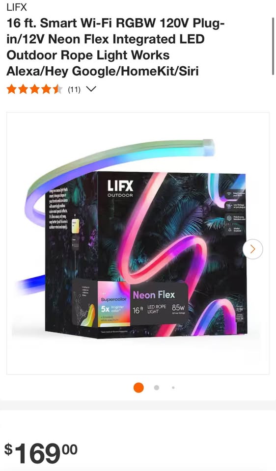 LIFX 16 ft. Smart Wi-Fi RGBW 120V Plug-in/12V Neon Flex Integrated LED Outdoor Rope Light Works Alexa/Hey Google/HomeKit/Siri