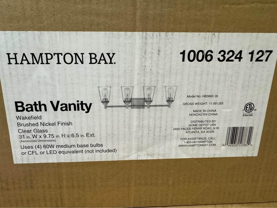 Hampton Bay Wakefield 31 in. 4-Light Brushed Nickel Modern Vanity with Clear Glass Shades