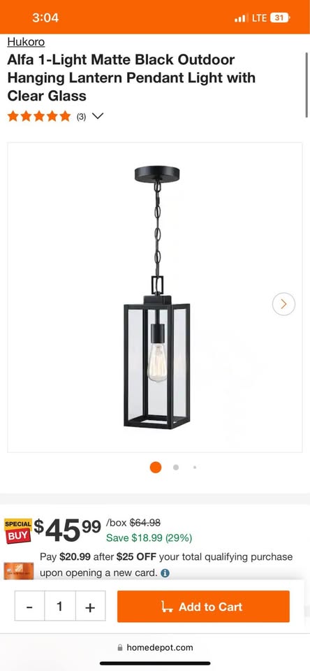 Hukoro Alfa 1-Light Matte Black Outdoor Hanging Lantern Pendant Light with Clear Glass