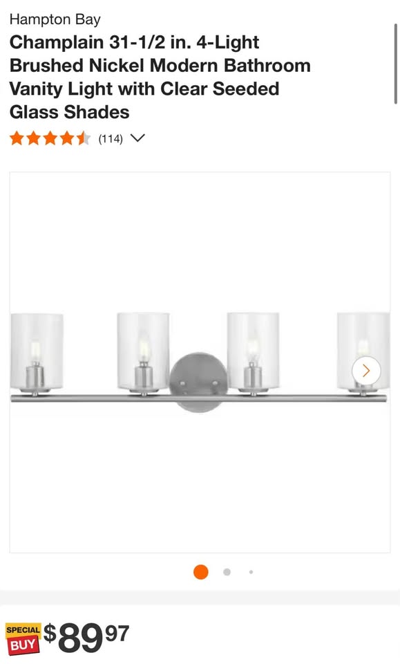 Hampton Bay Champlain 31-1/2 in. 4-Light Brushed Nickel Modern Bathroom Vanity Light with Clear Seeded Glass Shades