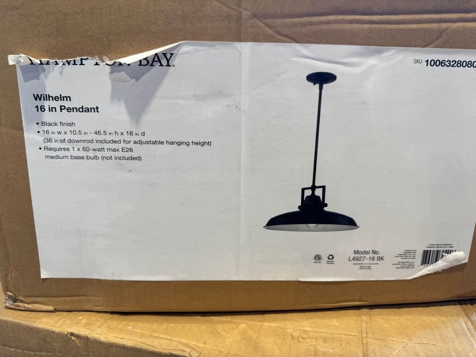 Hampton Bay Wilhelm 16 in. 1-Light Black Industrial Farmhouse Pendant Light Fixture with Metal Shade