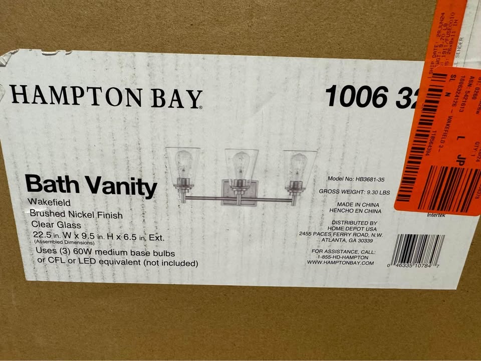 Hampton Bay Wakefield 22 in. 3-Light Brushed Nickel Modern Vanity with Clear Glass Shades
