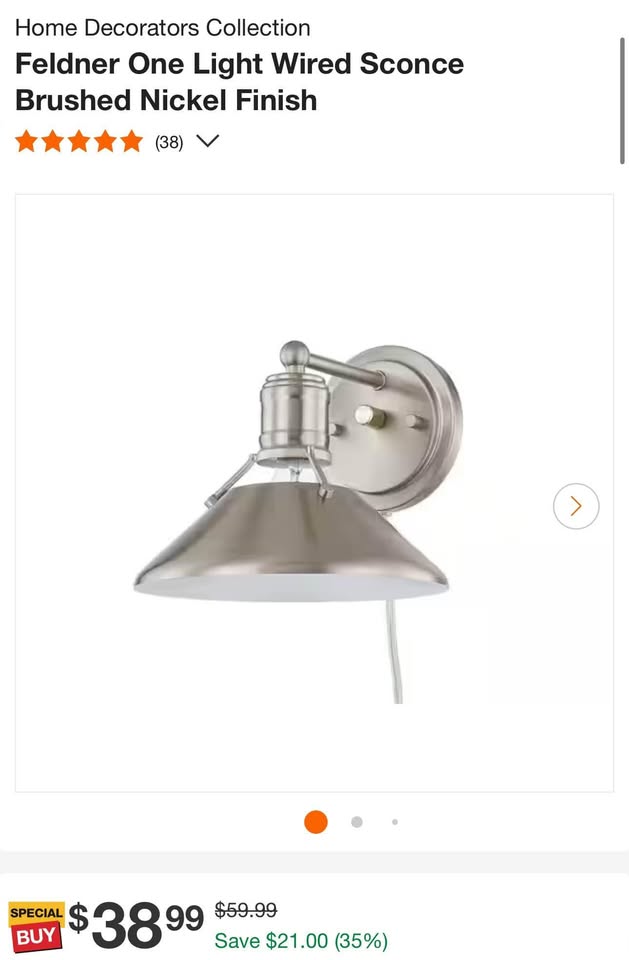Home Decorators Collection Feldner One Light Wired Sconce Brushed Nickel Finish