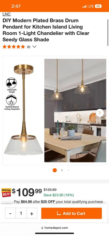 Modern Plated Brass Drum Pendant for Kitchen Island Living Room 1-Light Chandelier with Clear Seedy Glass Shade