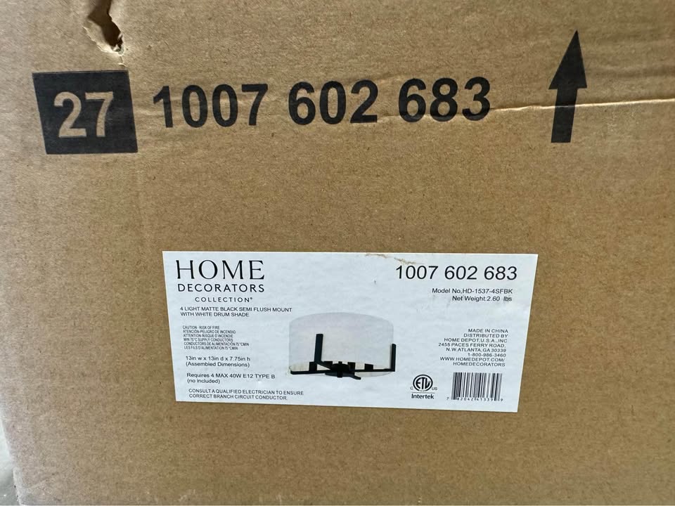 Home Decorators Collection Manhattan 4-Light Matte Black Semi Flush mount with White Drum Shade