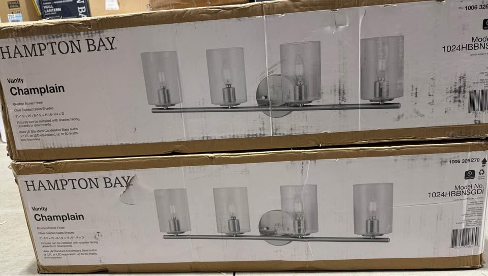Hampton Bay Champlain 31-1/2 in. 4-Light Brushed Nickel Modern Bathroom Vanity Light with Clear Seeded Glass Shades