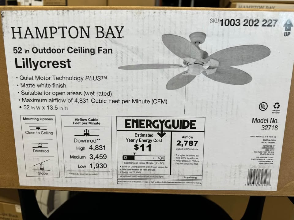Hampton Bay Lillycrest 52 in. Indoor/Outdoor Matte White Ceiling Fan with Downrod and Reversible Motor; Light Kit Adaptable