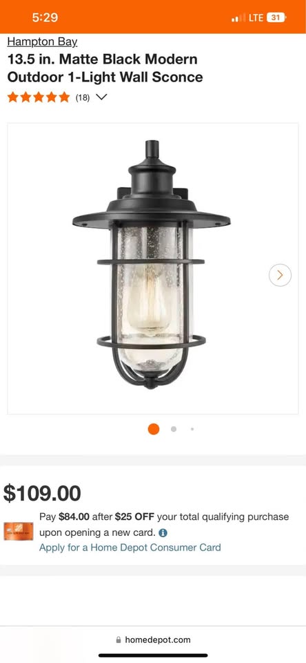 Hampton Bay 13.5 in. Matte Black Modern Outdoor 1-Light Wall Sconce