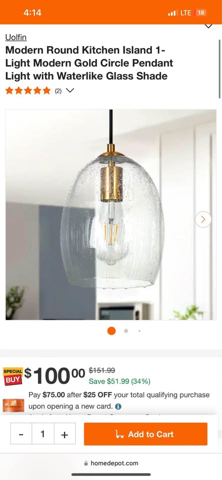Uolfin Modern Round Kitchen Island 1-Light Modern Gold Circle Pendant Light with Waterlike Glass Shade