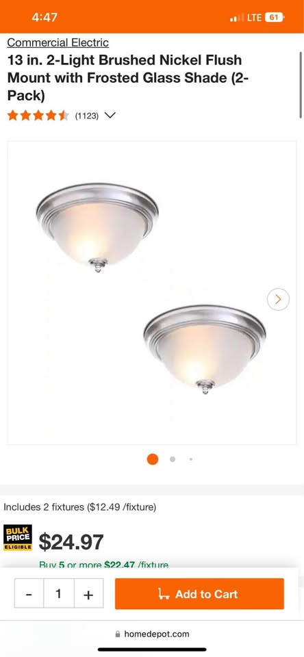 Commercial Electric 13 in. 2-Light Brushed Nickel Flush Mount with Frosted Glass Shade (2-Pack)