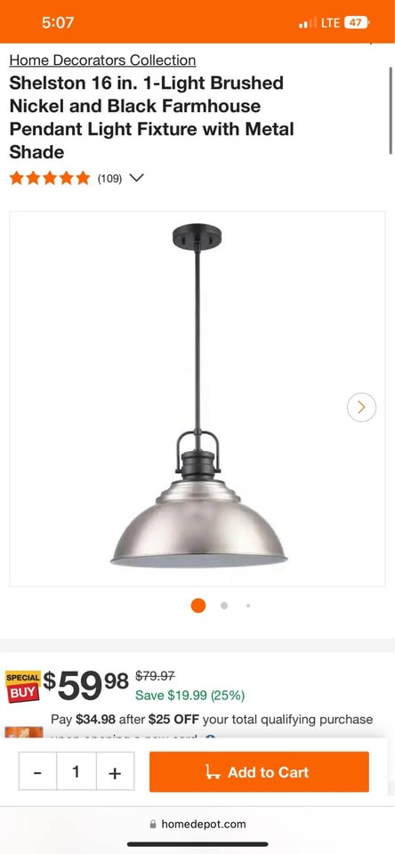 Home Decorators Shelston 16 in. 1-Light Brushed Nickel and Black Farmhouse Pendant Light Fixture with Metal Shade