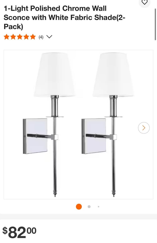 1-Light Polished Chrome Wall Sconce with White Fabric Shade(2-Pack)