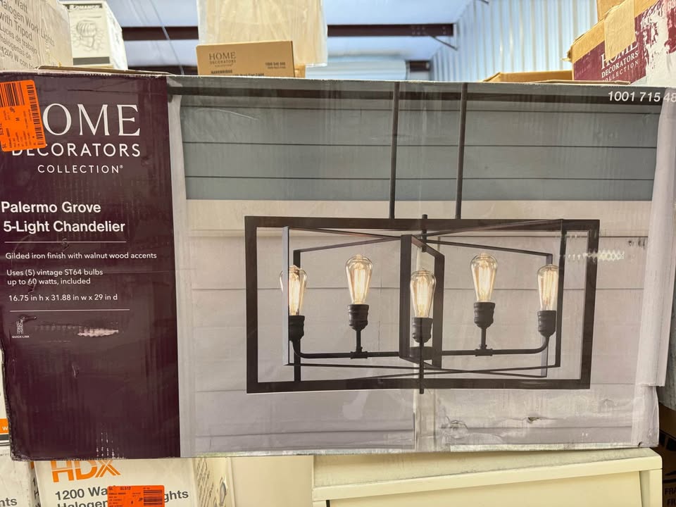 Home Decorators Palermo Grove 5-Light Black with Walnut Accent Linear Coastal Chandelier for Kitchen Island and Dining Room with Bulbs