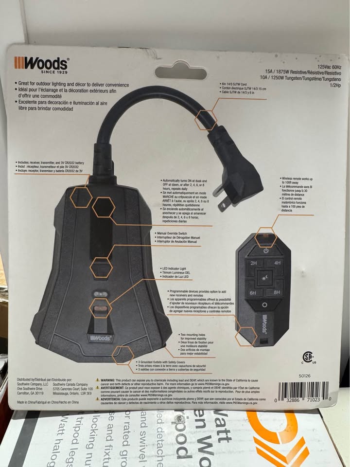 Woods Outdoor Lighting Mechanical Timer with 3-Outlet Remote Control Countdown